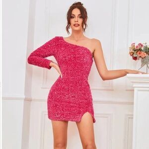 Zapaka One Shoulder Glitter Sequins Barbie Party Mini Dress